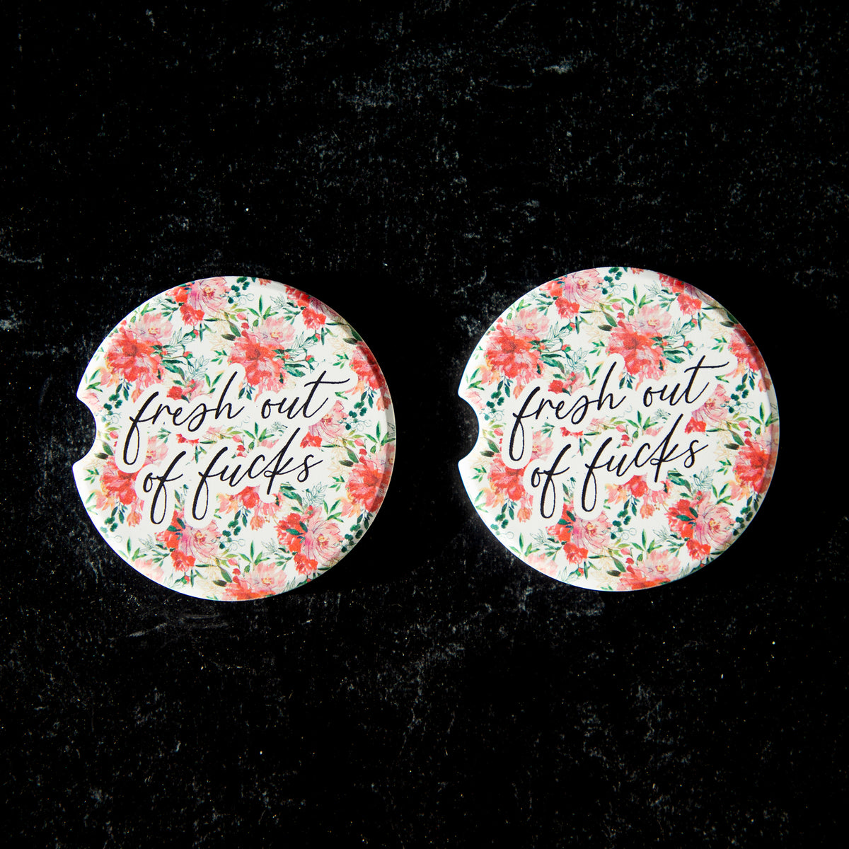 Fresh Out of Fucks Sandstone Car Coasters (Set of 2)