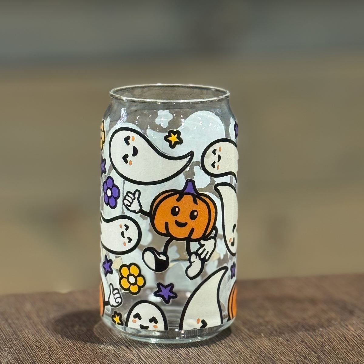 Ghosts + Pumpkins Floral 16 oz Glass Libbey Can