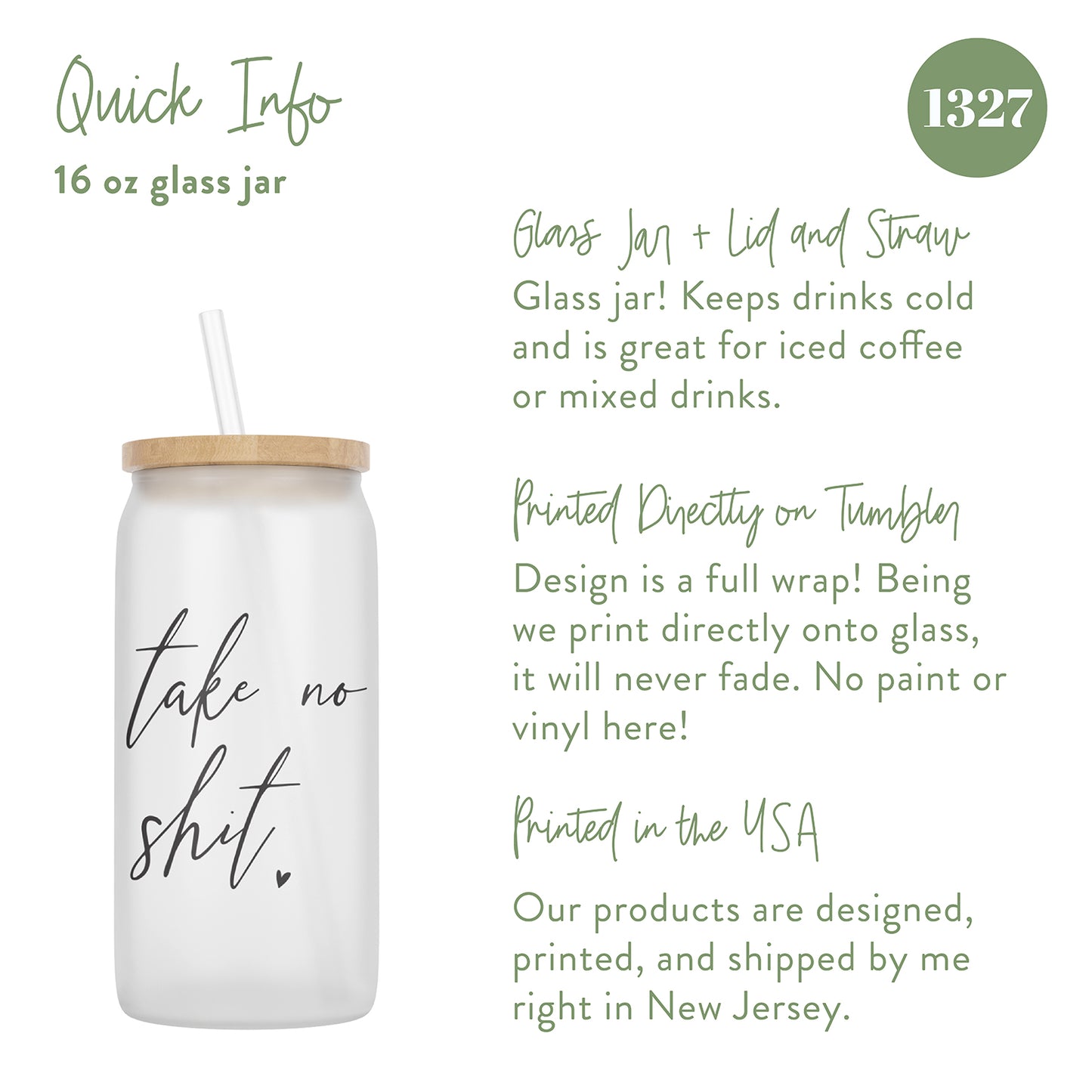Take No Shit 16 oz Glass Jar With Lid