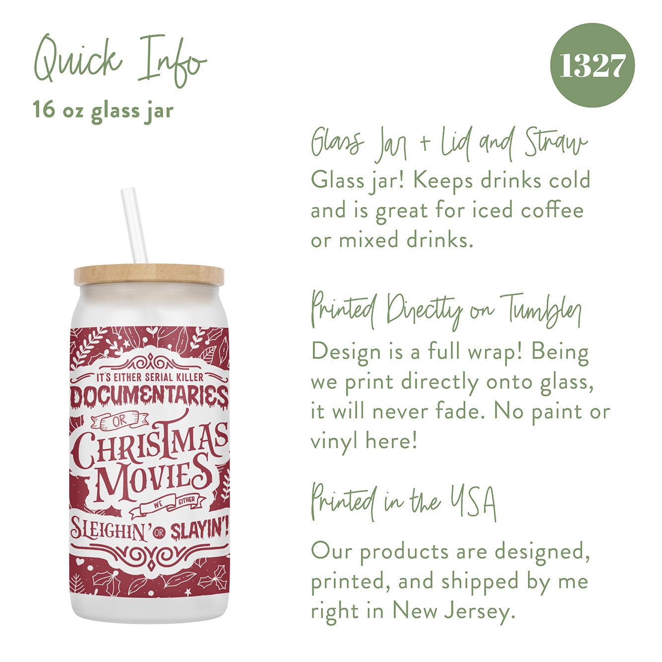 Serial Killer Documentaries or Christmas Movies, We're Either Sleighin' or Slayin' 16 oz Glass Jar With Lid