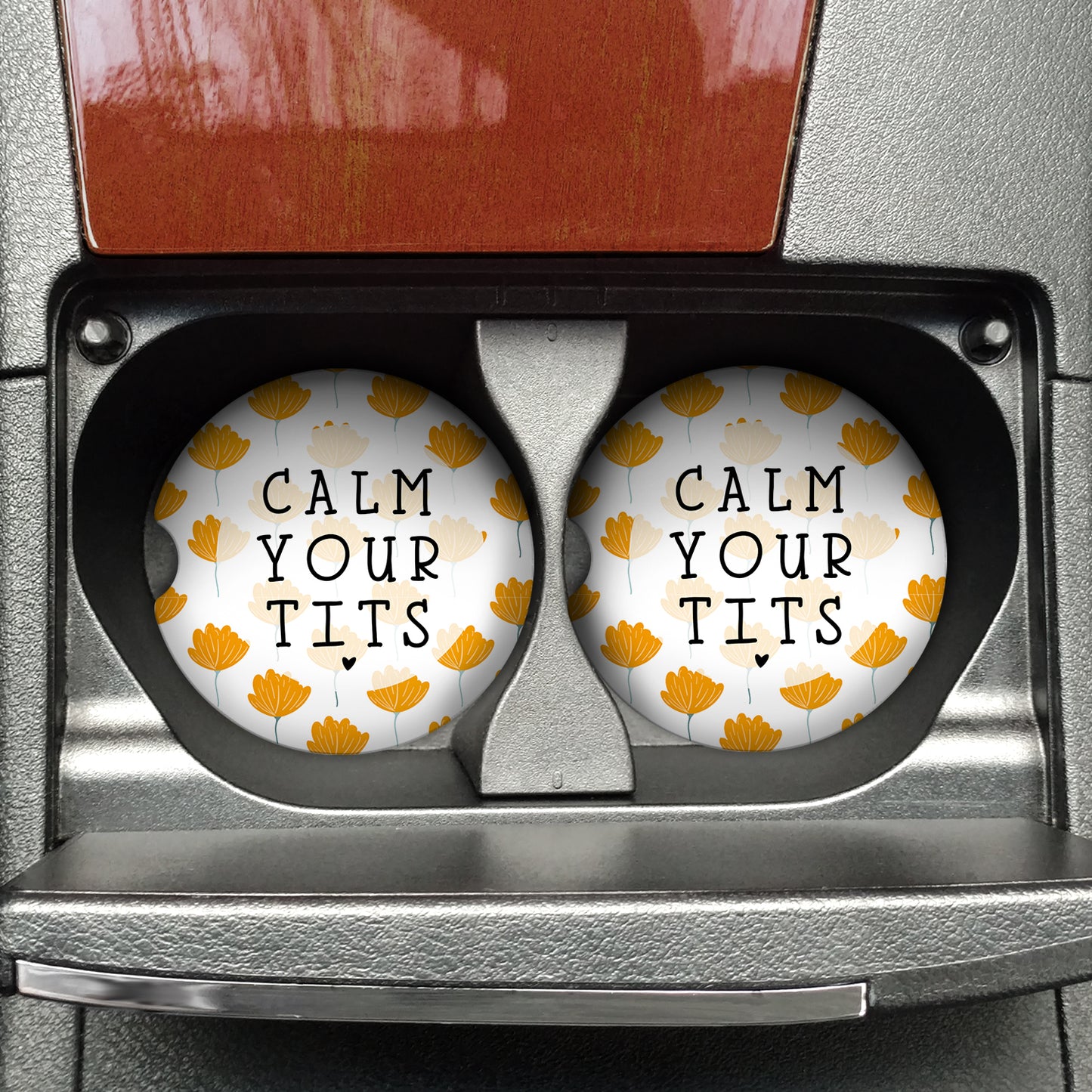 Calm Your Tits Sandstone Car Coasters (Set of 2)