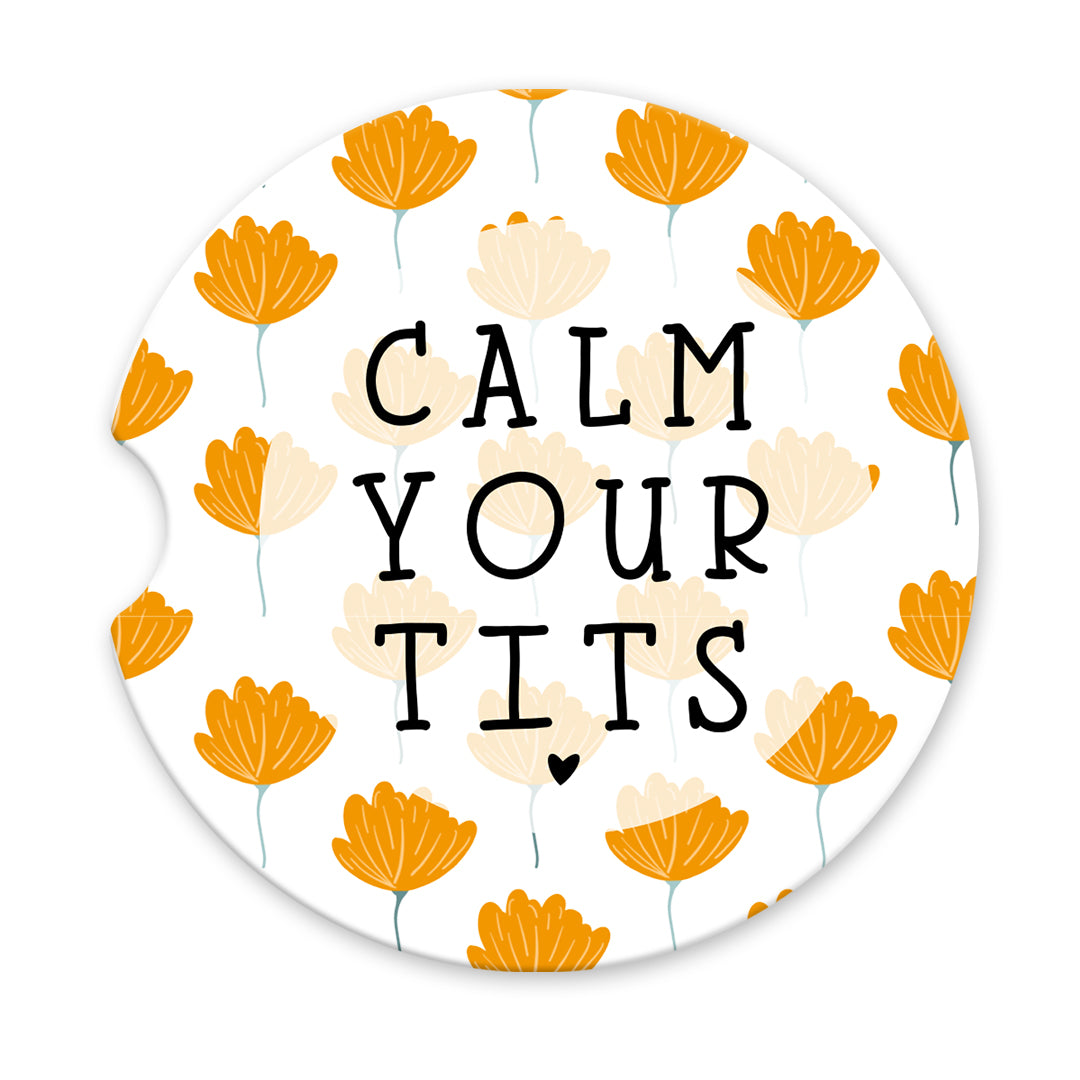 Calm Your Tits Sandstone Car Coasters (Set of 2)