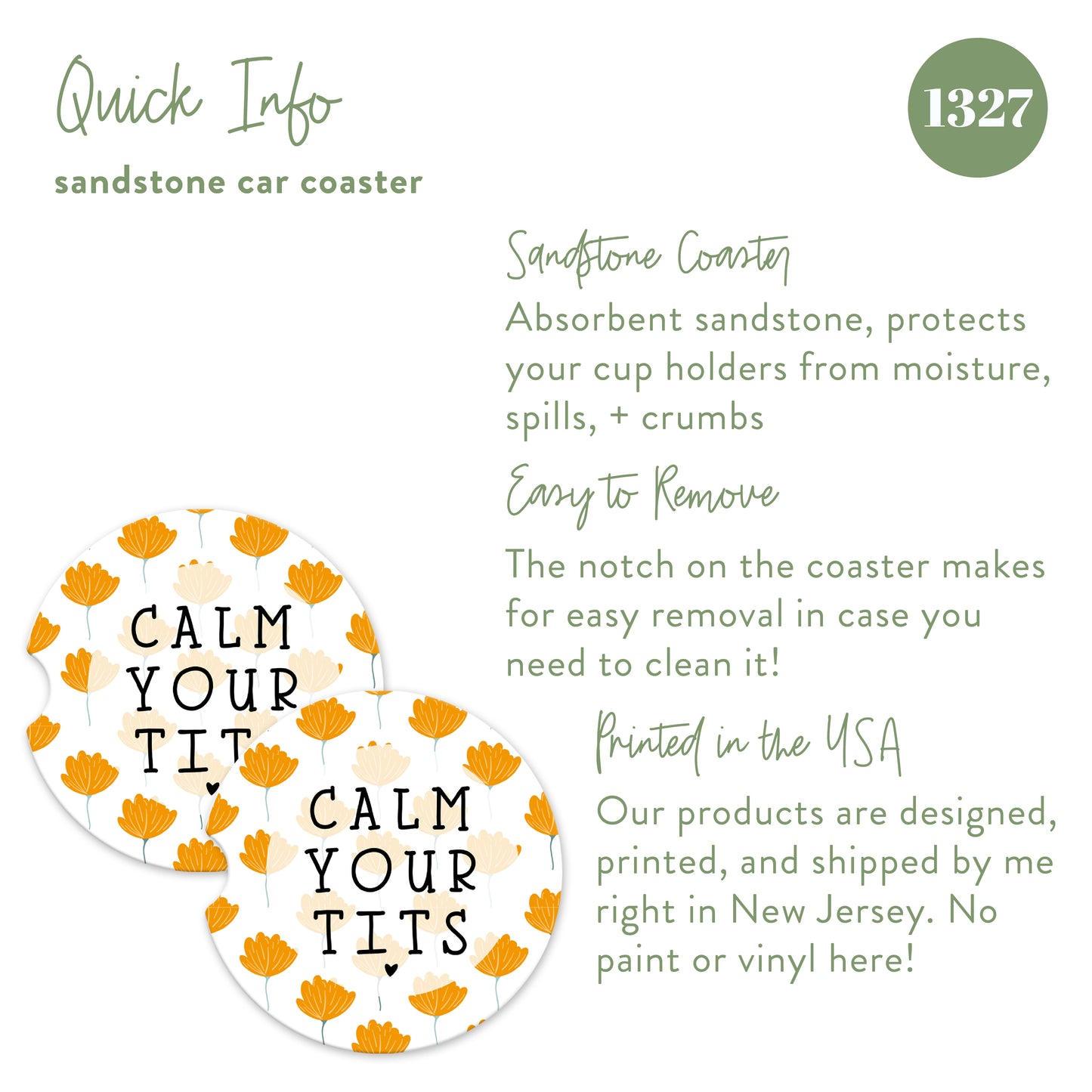 Calm Your Tits Sandstone Car Coasters (Set of 2)