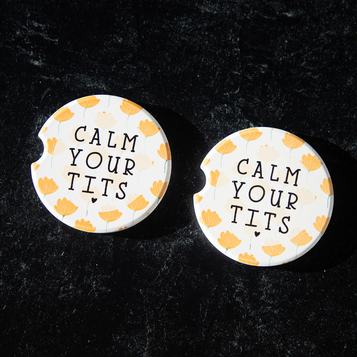 Calm Your Tits Sandstone Car Coasters (Set of 2)
