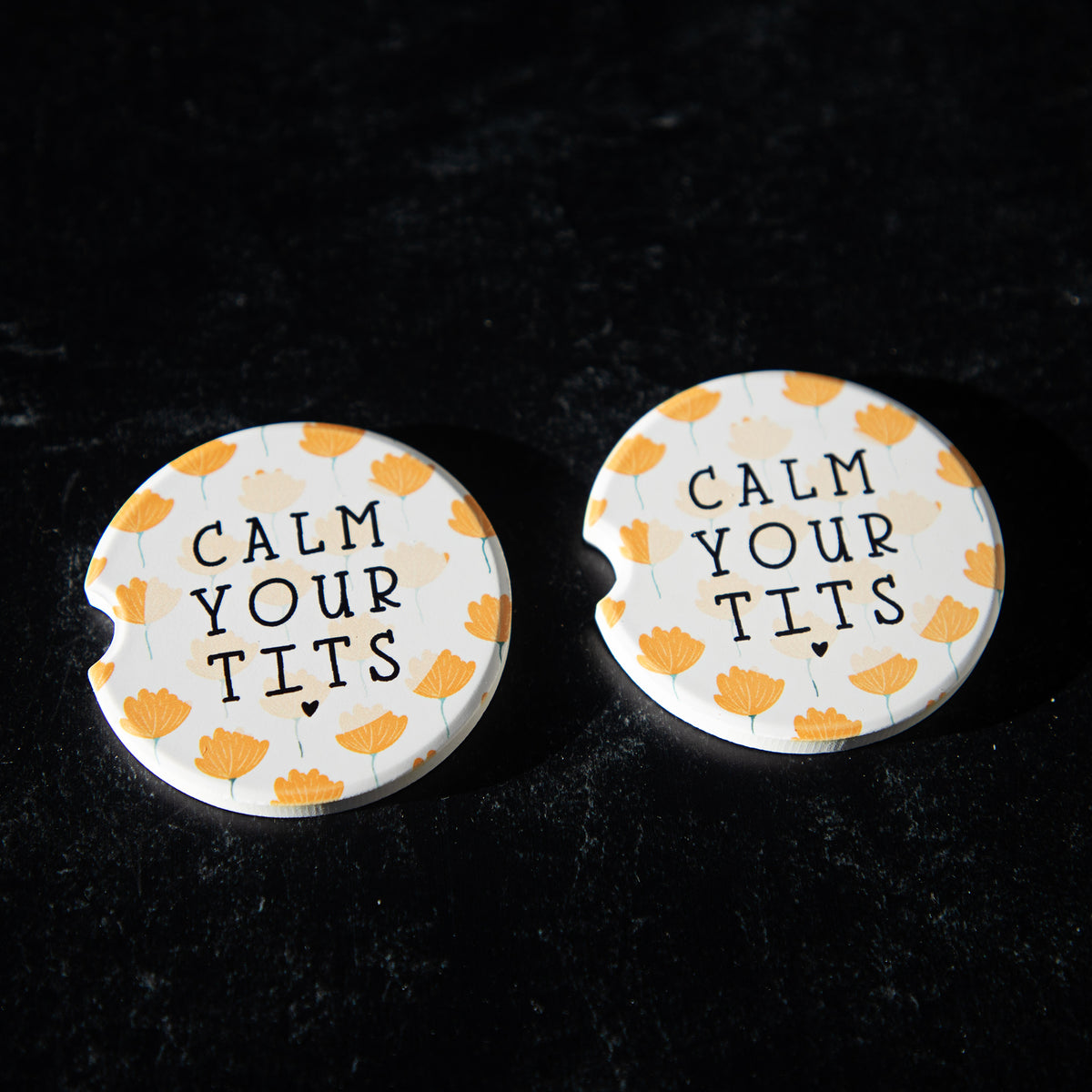 Calm Your Tits Sandstone Car Coasters (Set of 2)