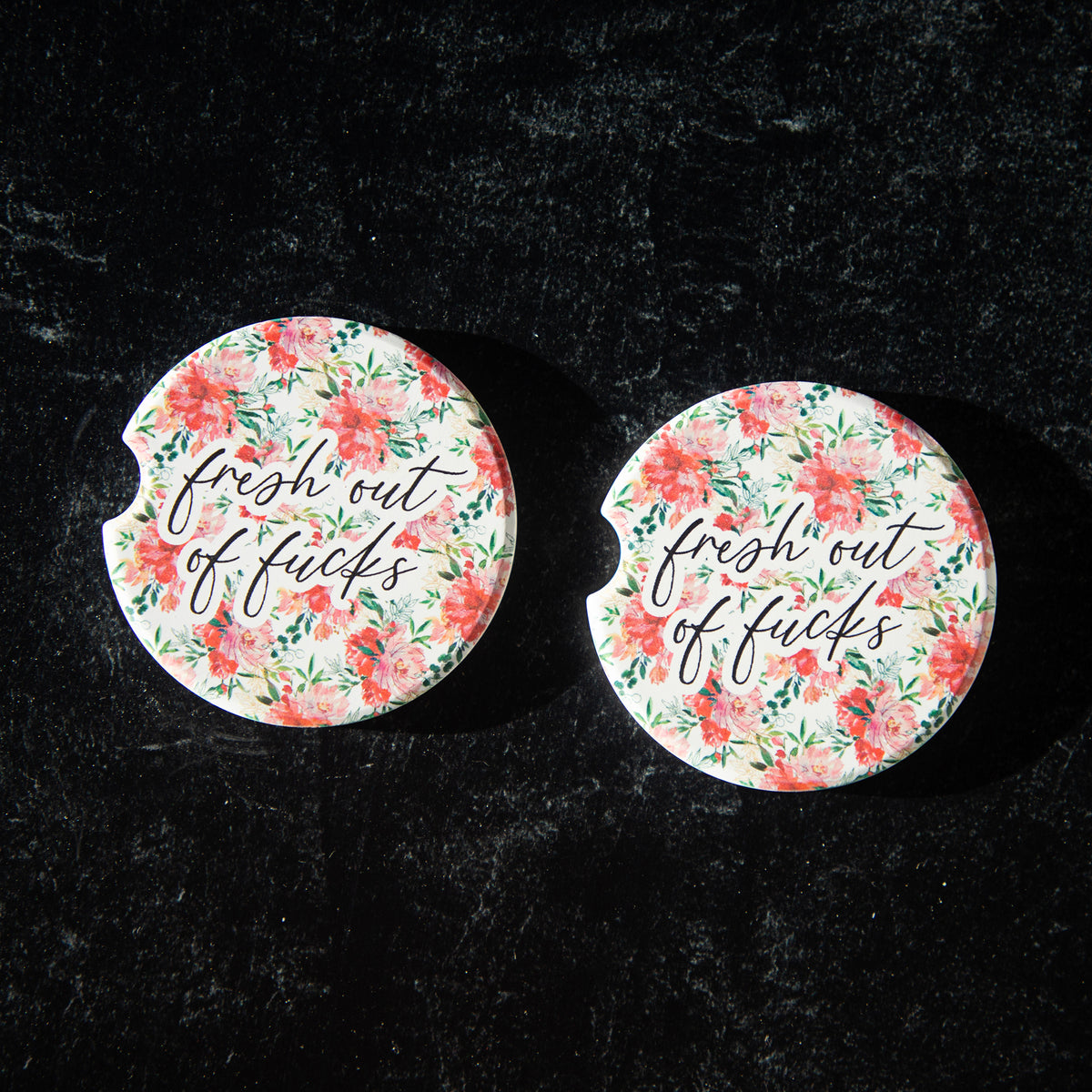 Fresh Out of Fucks Sandstone Car Coasters (Set of 2)