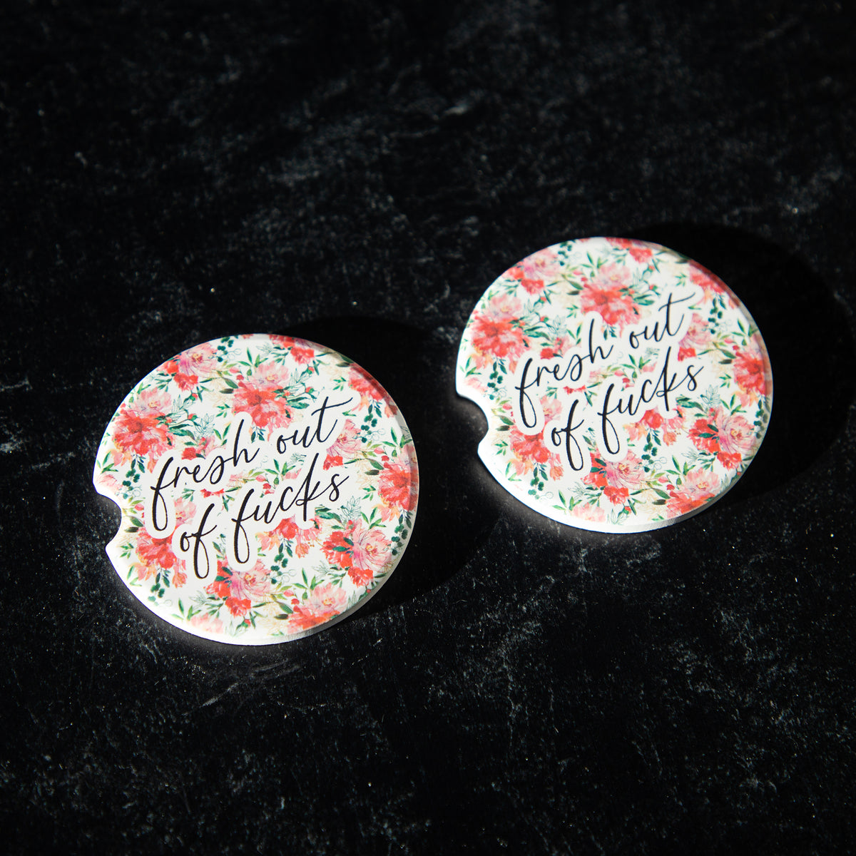 Fresh Out of Fucks Sandstone Car Coasters (Set of 2)