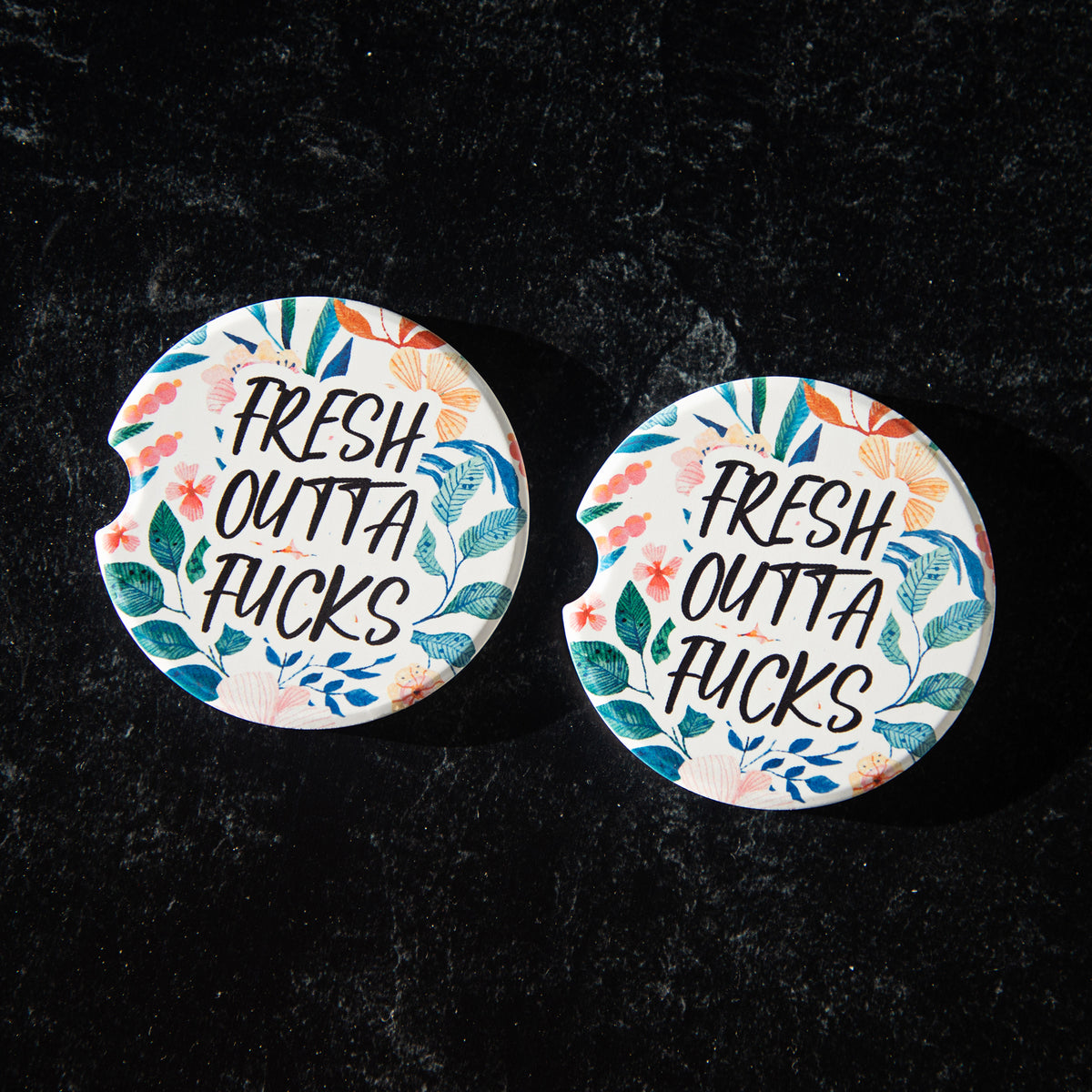 Fresh Outta Fucks Sandstone Car Coasters (Set of 2)