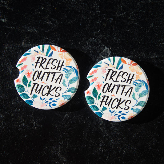 Fresh Outta Fucks Sandstone Car Coasters (Set of 2)