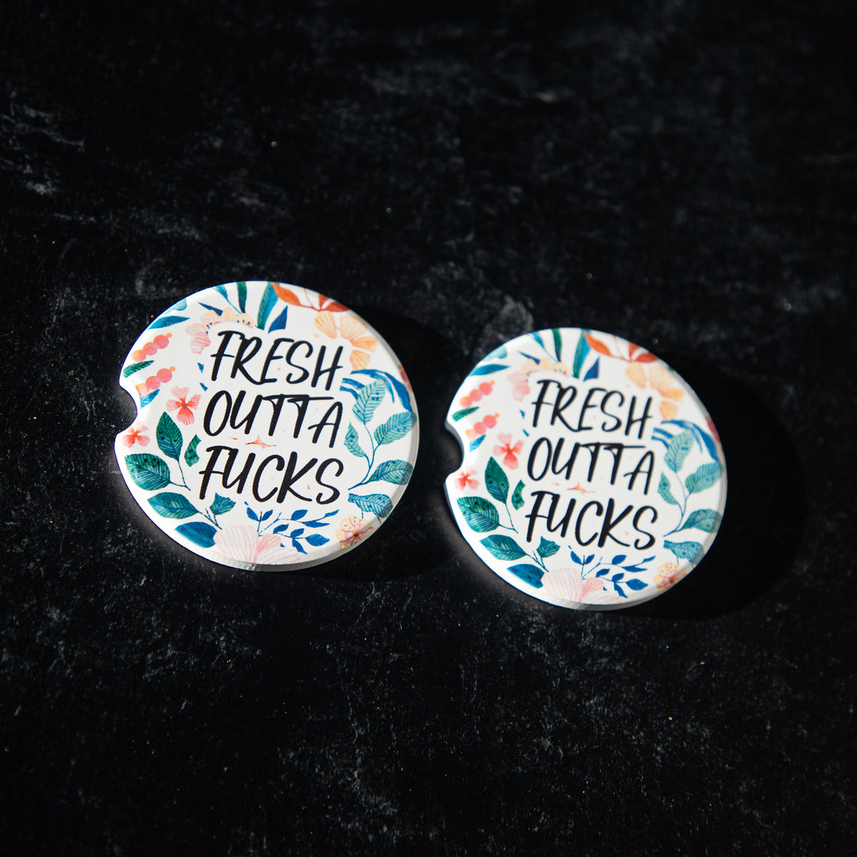 Fresh Outta Fucks Sandstone Car Coasters (Set of 2)