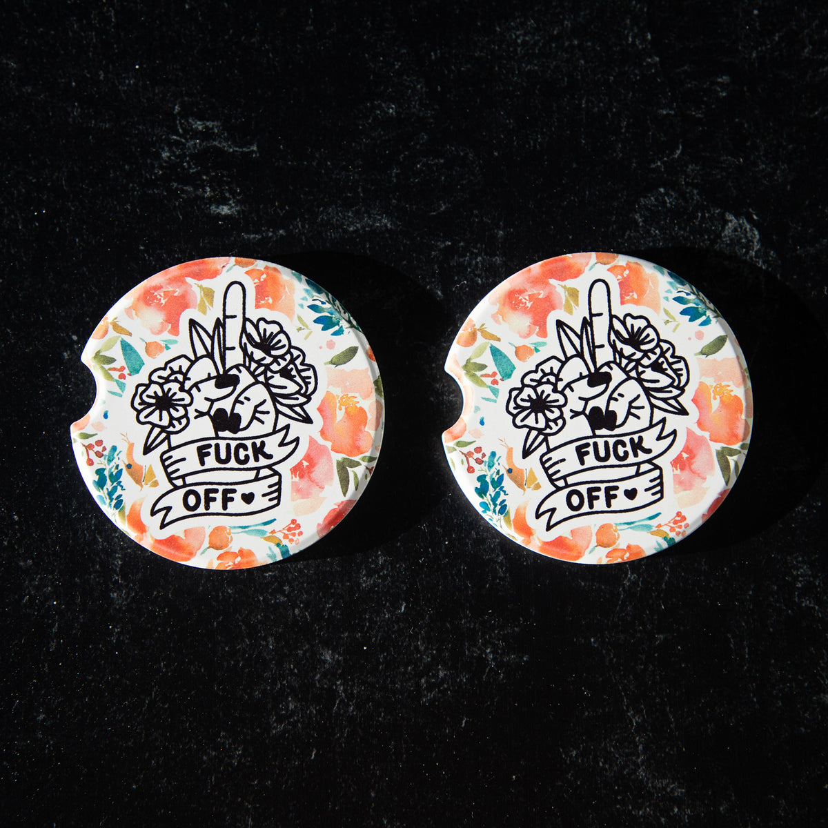 Fuck Off Middle Finger Sandstone Car Coasters (Set of 2)