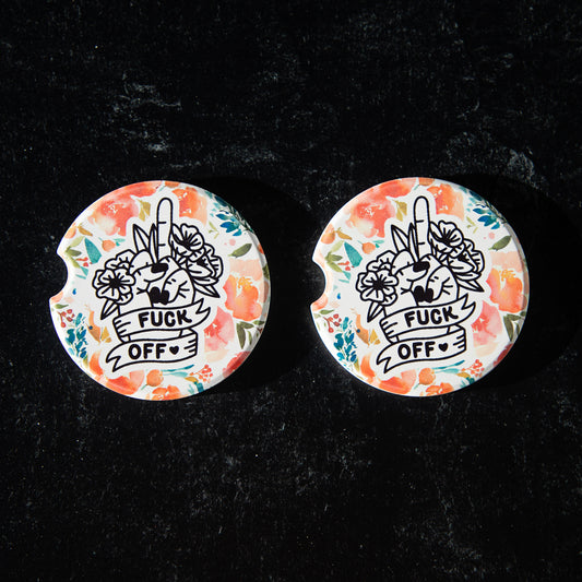Fuck Off Middle Finger Sandstone Car Coasters (Set of 2)