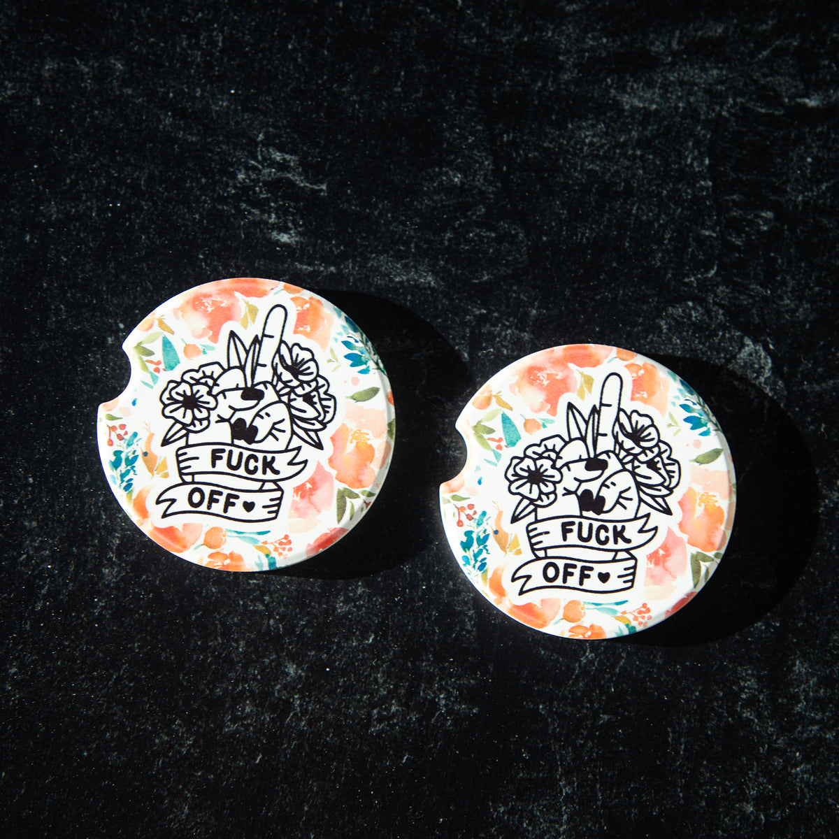 Fuck Off Middle Finger Sandstone Car Coasters (Set of 2)