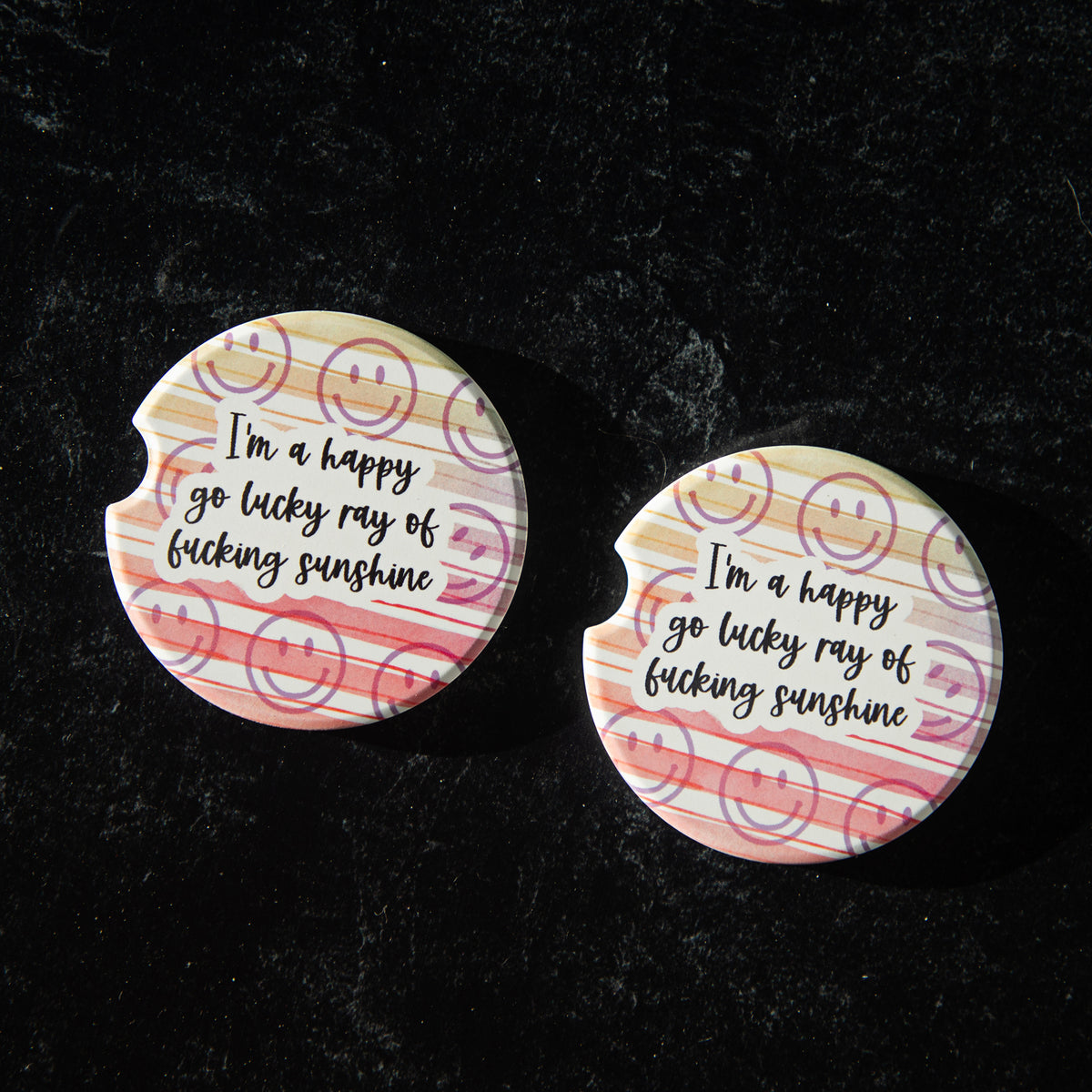 I'm a Happy Go Lucky Ray of Fucking Sunshine Sandstone Car Coasters (Set of 2)