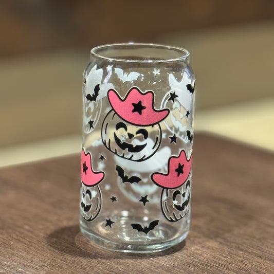 Pink Cowboy Hat Pumpkins + Bats 16 oz Glass Libbey Can