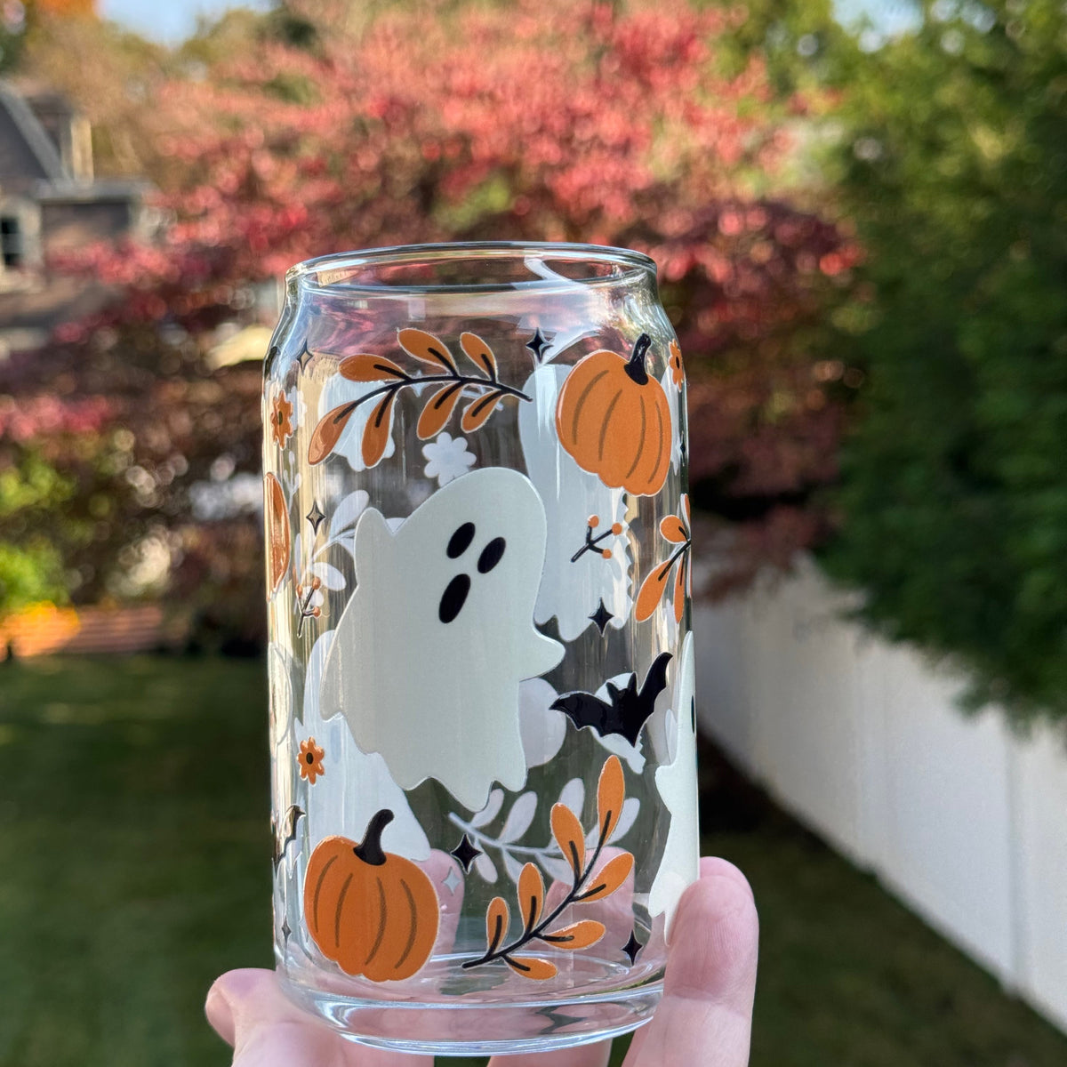 Cute Fall Ghosties 16 oz Glass Libbey Can