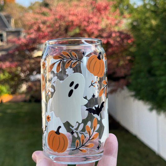 Cute Fall Ghosties 16 oz Glass Libbey Can