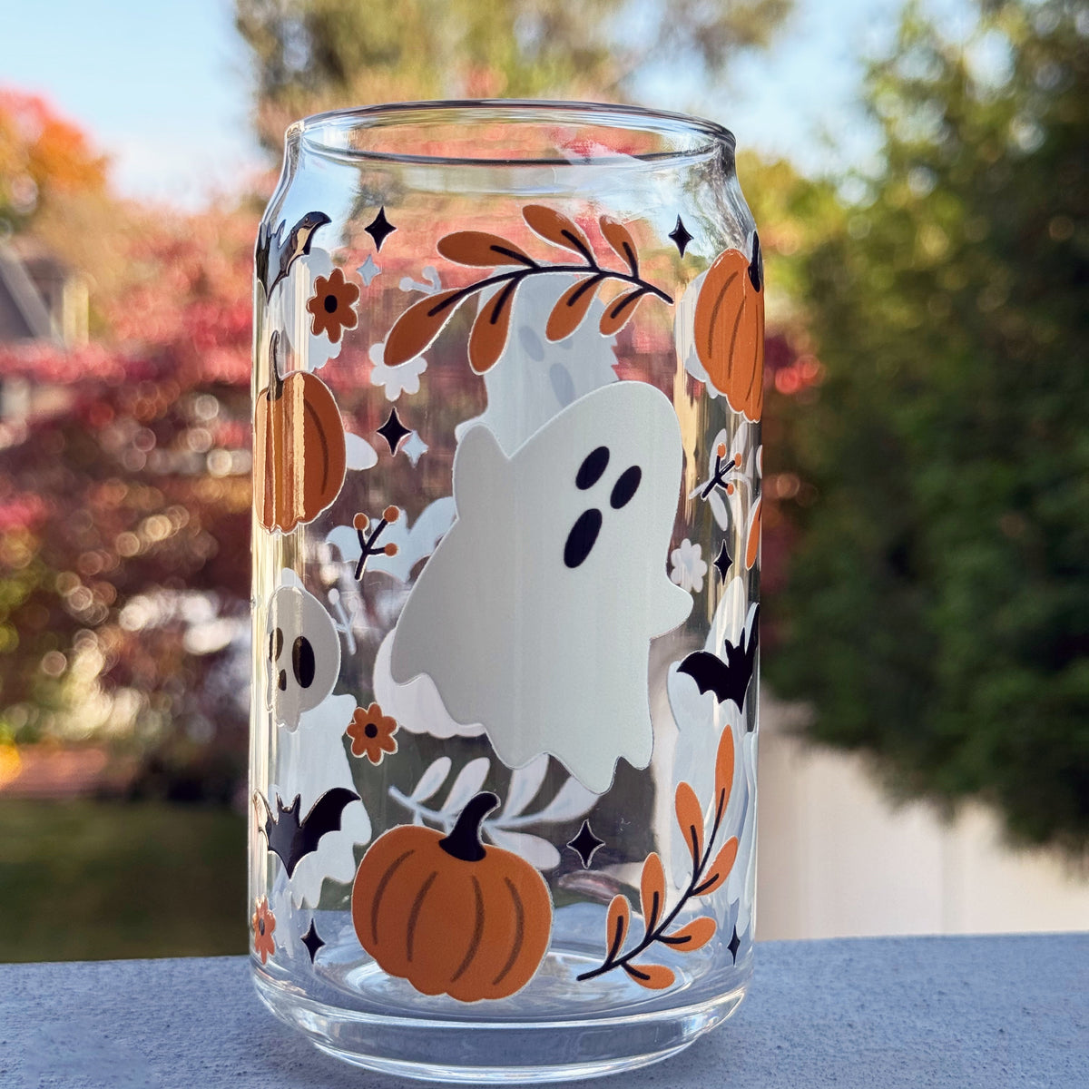Cute Fall Ghosties 16 oz Glass Libbey Can