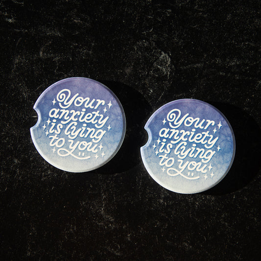 Your Anxiety is Lying to You Sandstone Car Coasters (Set of 2)