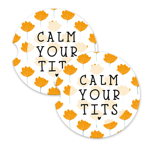 Calm Your Tits Sandstone Car Coasters (Set of 2)